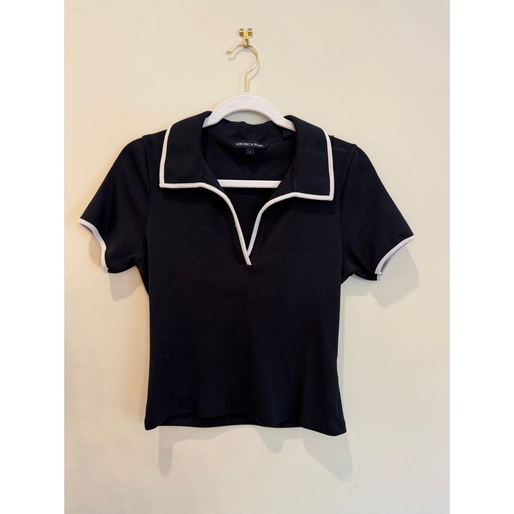 Veronica Beard Navy Ribbed Knit Contrast Trim Polo Top | Size Small - Picture 2 of 5